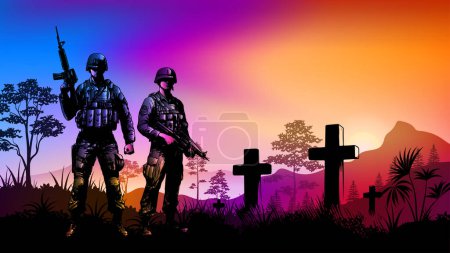 Memorial Day, Veterans Day, Independence Day or Patriot Day background. Soldier with Burial tombstones at sunset vector illustration
