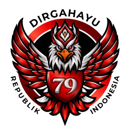 Téléchargez les illustrations : Dirgahayu Republik Indonesia ke 79 logo vectoriel avec illustration de la mascotte de garuda - en licence libre de droit