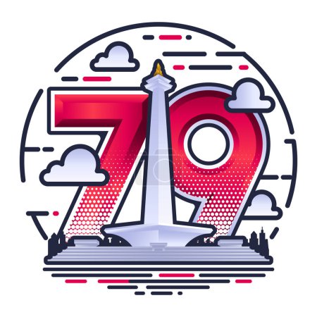 Ilustración de Logotipo vector Dirgahayu Indonesia Ke 79, con la ilustración del vector monumento monas - Imagen libre de derechos