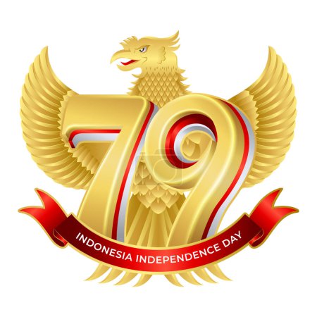 Golden 79th indonesia independence day, Dirgahayu republik indonesia ke 79 with golden garuda vector 