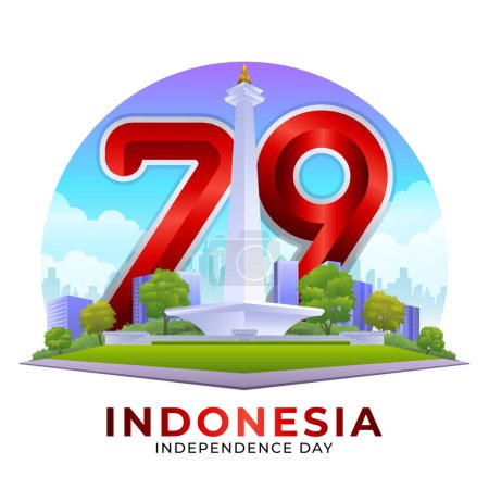 Ilustración de HUT RI ke 79, 79º día de la independencia indonesia con la ilustración de vectores de monumentos monas - Imagen libre de derechos