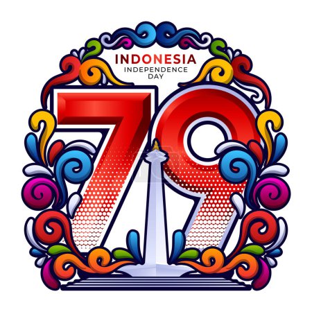 Ilustración de Dirgahayu Republik Indonesia Ke 79, con monumento a Monas y colorido diseño de adornos caligráficos - Imagen libre de derechos