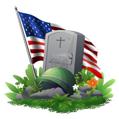 Jour commémoratif ou journée des anciens combattants Concept, Inhumation avec pierres tombales et illustration du drapeau américain