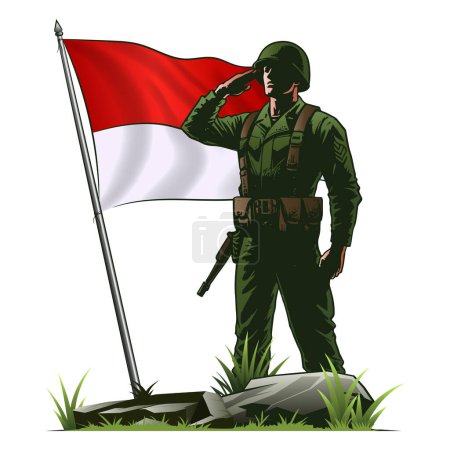 Héroe indonesio vistiendo uniformes verdes del ejército parado recto y saludando la bandera roja y blanca