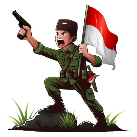 Téléchargez les illustrations : 79e icône indonésienne du jour de l'indépendance avec l'illustration du héros indonésien portant des uniformes de l'armée verte - en licence libre de droit