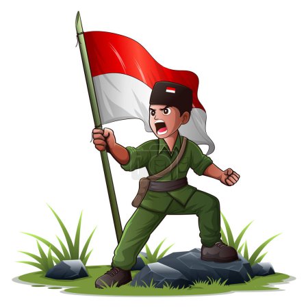 Téléchargez les illustrations : Héros indonésien portant des uniformes de l'armée verte appelant passionnément à l'indépendance illustration vectorielle - en licence libre de droit