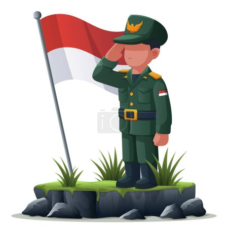 Téléchargez les illustrations : Héros indonésien portant des uniformes verts de l'armée debout droit et saluant le drapeau rouge et blanc - en licence libre de droit