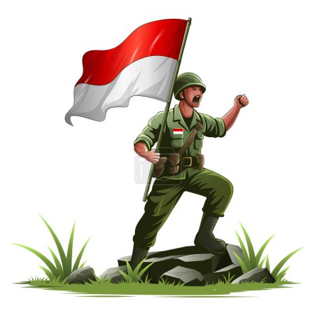 Indonesischer Unabhängigkeitsheld mit geballten Fäusten, brüllt und schwenkt die rot-weiße Flagge