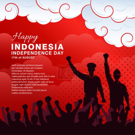 Téléchargez les illustrations : Bannière de la fête de l'indépendance indonésienne avec Silhouette de personnes levant la main sur le nuage - en licence libre de droit