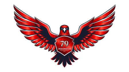 Eagle or garuda illustration with red and white indonesia flag, 79th Indonesian Independence Day concept logo
