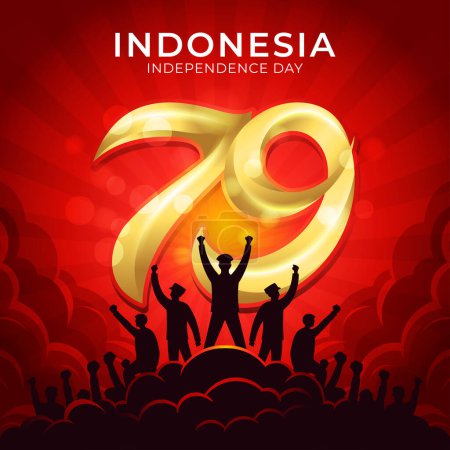 Téléchargez les illustrations : Heureux 79e jour de l'indépendance indonésienne avec numéro d'or 79 et Silhouette de personnes levant la main comme un signe de victoire et de joie - en licence libre de droit