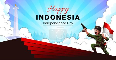 Indépendance indonésienne esprit héros, avec les poings serrés, criant et brandissant le drapeau rouge et blanc