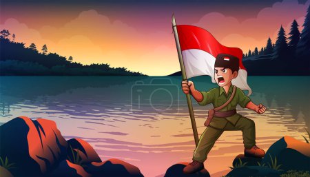 Indonesische Nationalhelden stehen auf einem Felsen und halten eine rot-weiße Fahne hoch.