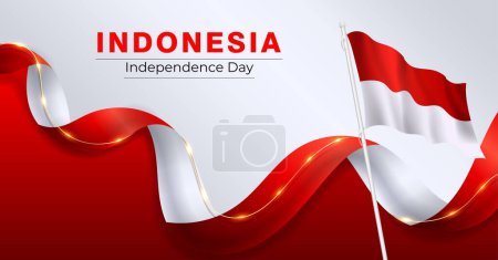 Indonesia Independence Day banner with red and white waving ribbon