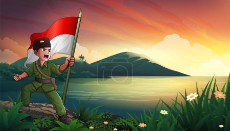 Téléchargez les illustrations : Héros nationaux indonésiens tenant un drapeau rouge et blanc près du lac illustration vectorielle - en licence libre de droit