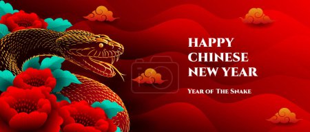 Happy Chinese new year 2025 banner design, with Snake Zodiac and peony flower illustration
