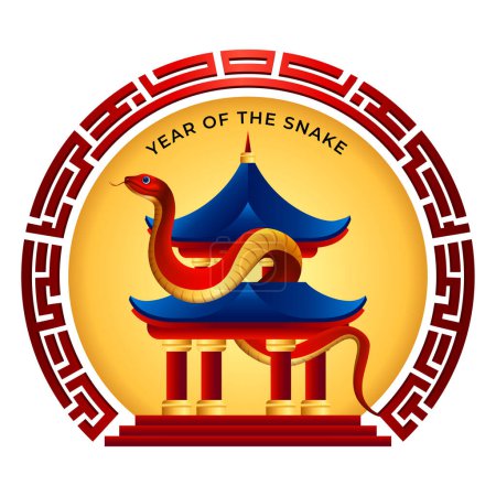 Year of the snake 2025 sign. red snake with pagoda and red frame vector design