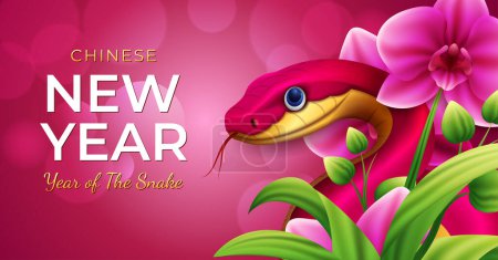 Nettes chinesisches Neujahr 2025 Banner-Design mit roter Schlange und rosa Orchideenblume Hintergrund