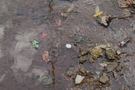 Téléchargez les photos : Horana, Sri Lanka - 25 décembre 2023 - Vue d'un fond de canal sec avec moins d'eau avec les déchets jetés collectés sur le fond comme des sacs en polyéthylène, une bouteille en verre et des déchets organiques - en image libre de droit