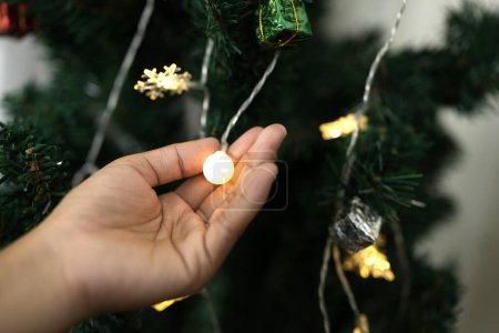 Foto de Concepto Navidad 2024. Mujer examina las luces del árbol de Navidad. - Imagen libre de derechos