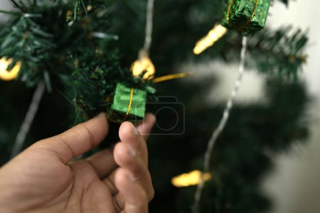 Foto de Concepto Navidad 2024. Mujer examina las luces del árbol de Navidad. - Imagen libre de derechos