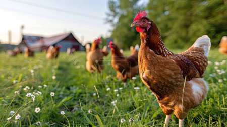 beautiful image showcases free-range egg-laying chickens in both a field and a commercial chicken coop