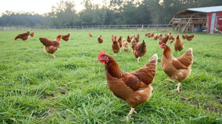 Foto de Hermosa imagen muestra gallinas ponedoras de huevos de campo libre en un campo y un gallinero comercial - Imagen libre de derechos