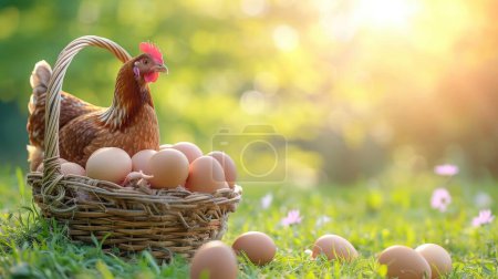 Photo for Brown eggs in basket and There was hen standing on side isolated on Grass background, concept Eggs Fresh from farm - Royalty Free Image