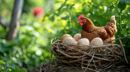 chicken eggs basket on the hey