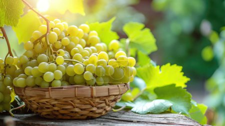 Green grape in Bamboo basket on wooden table in garden, Shine Muscat Grape with leaves in blur background. --ar 16:9 --v 6 Job ID: 3f4b77d2-1c5b-40d3-96bf-3acce98abca1