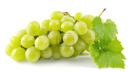 Green grape with leaves isolated on white. With clipping path. Full depth of field. --ar 16:9 --v 6 Job ID: bb23b60e-f914-4a03-9cfd-ca03031b5f86