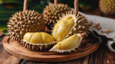 Fresh durian in packaging on wooden dish with durian peel. Durian king of fruit. Tropical fruit.