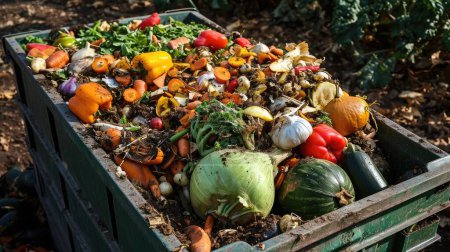 Abgelaufene Biomüll. Gemüse und Obst in einem riesigen Behälter in einem Mülleimer vermischen.