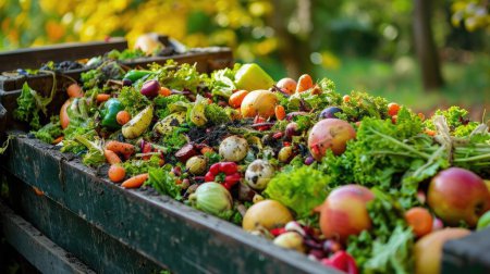 Abgelaufene Biomüll. Gemüse und Obst in einem riesigen Behälter in einem Mülleimer vermischen.