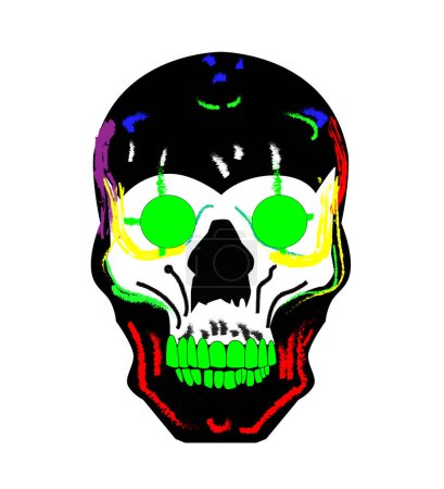 Téléchargez les illustrations : Crâne noir avec bleu et vert néon, illustration vectorielle vive dessinée à la main - en licence libre de droit