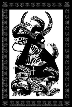 Téléchargez les illustrations : Carte de tarot mort du crâne avec cornes et serpents, détails ornementaux - en licence libre de droit