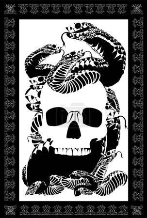 Téléchargez les illustrations : Carte du tarot Mort avec tête de crâne et serpents, détails ornementaux - en licence libre de droit