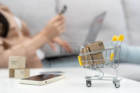 Internet-Shopping E-Commerce-Konzept, Paketkästen mit Produkten auf Laptop-Computer im Zusammenhang kaufen von Online-Shop.
