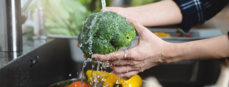 Téléchargez les photos : Close up of hands people washing vegetables by tap water at the sink in the kitchen to clean ingredient prepare a fresh salad. - en image libre de droit