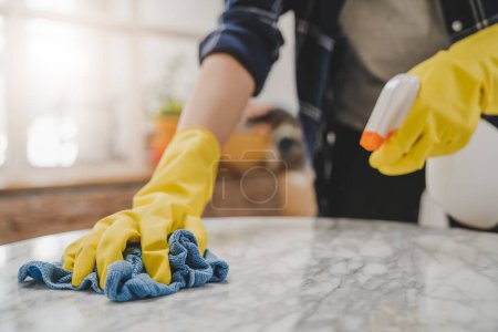 Photo for Woman cleaning the table surface with towel and spray detergent - Royalty Free Image