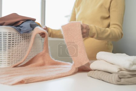 Téléchargez les photos : Laundry household work concept, asian woman working on fresh clean clothes. - en image libre de droit