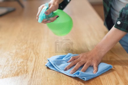 Photo for Close up woman cleaning kitchen using cleanser spray and cloth. - Royalty Free Image