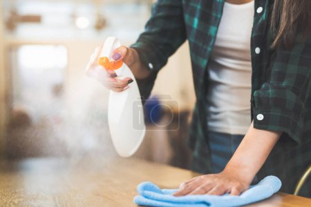 Téléchargez les photos : Fermer femme nettoyage cuisine à l'aide de spray nettoyant et chiffon
. - en image libre de droit