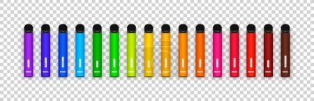 Disposable electronic cigarettes placed by the color of the rainbow. E-cigarettes in different flavours sorted by color on transparent background. Vector illustration