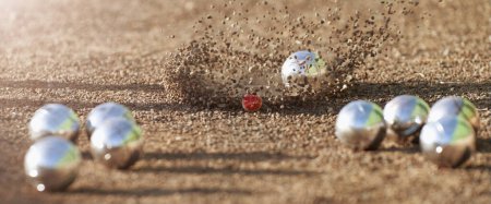 Foto de Petanque ball boules bowls on a dust floor, photo in impact. Game of petanque on the ground. Balls and a small wood jack - Imagen libre de derechos
