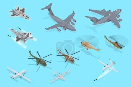Illustration for Isometric Military Aviation Air Force Set collection. Modern military jet for heavy cargo. Transport helicopter. Military airplane at flying. Military air transport - Royalty Free Image