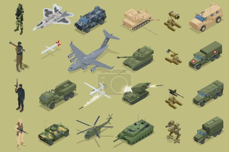 Illustration for Isometric Military Transport. Military rocket salvo fire system, air transport, Multiple rocket launcher, helicopter, unmanned combat aerial vehicle, rocket salvo fire system, war drone - Royalty Free Image
