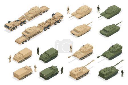 Illustration for Isometric Military war set, Multiple Launch Rocket System, armored, self-propelled, multiple rocket launcher, Missile, diesel engine-powered military truck artillery tractor and tank isolated on white - Royalty Free Image