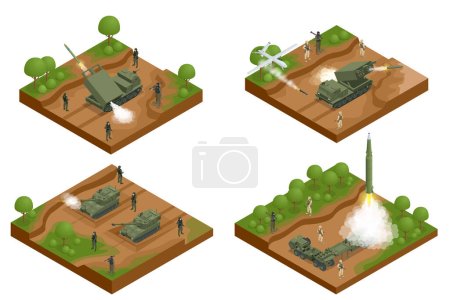 Illustration for Military war set Isometric rocket salvo fire system on a wheeled landing gear. Rocket artillery. Tactical ballistic missile. Army tractor with a rocket. Medium Range Ballistic Missile - Royalty Free Image
