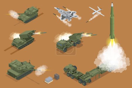 Military war set Isometric rocket salvo fire system on a wheeled landing gear. Rocket artillery. Tactical ballistic missile. Army tractor with a rocket. Medium Range Ballistic Missile